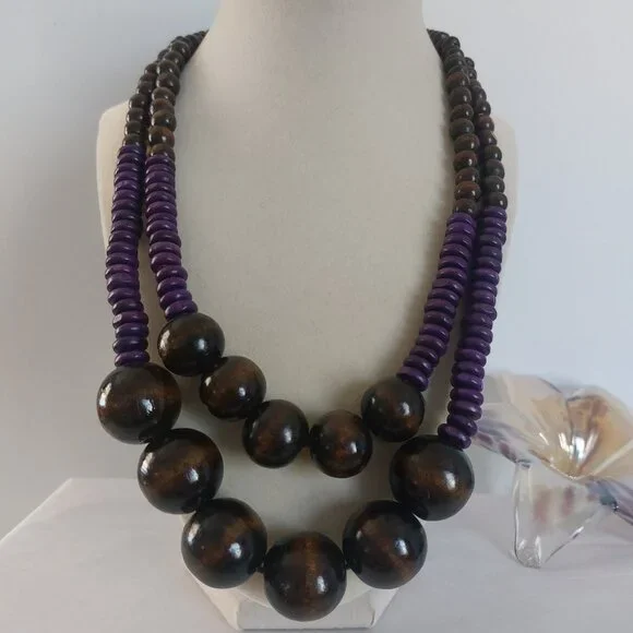 Brown Purple Wooden Beads Necklace 2 Layers Boho Earth Tone Statement Like New - Picture 3 of 9